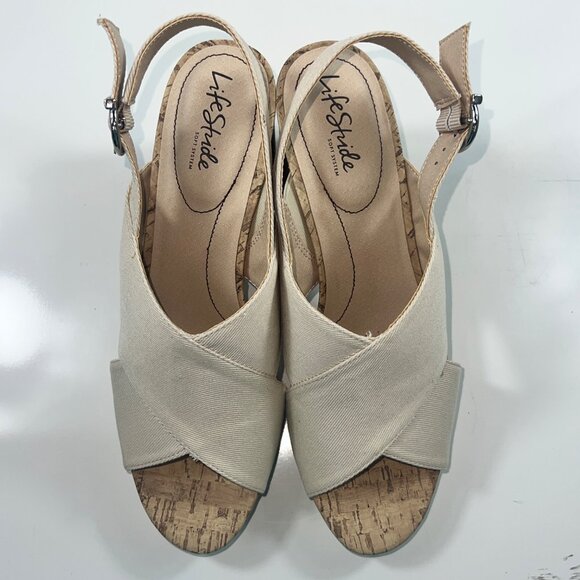 LifeStride Beige Lara Sandals w/ Cork Block Heels & Adjustable Straps Size 10M - Picture 5 of 16